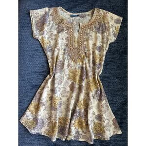 Vintage Embroidered Floral Beige Tunic Size Large Boho Gold Beaded Cottagecore